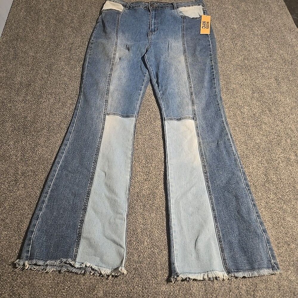 Madden NYC Denim Jeans Womens Juniors 17 Blue Patchwork Stretch Boot NEW NWT